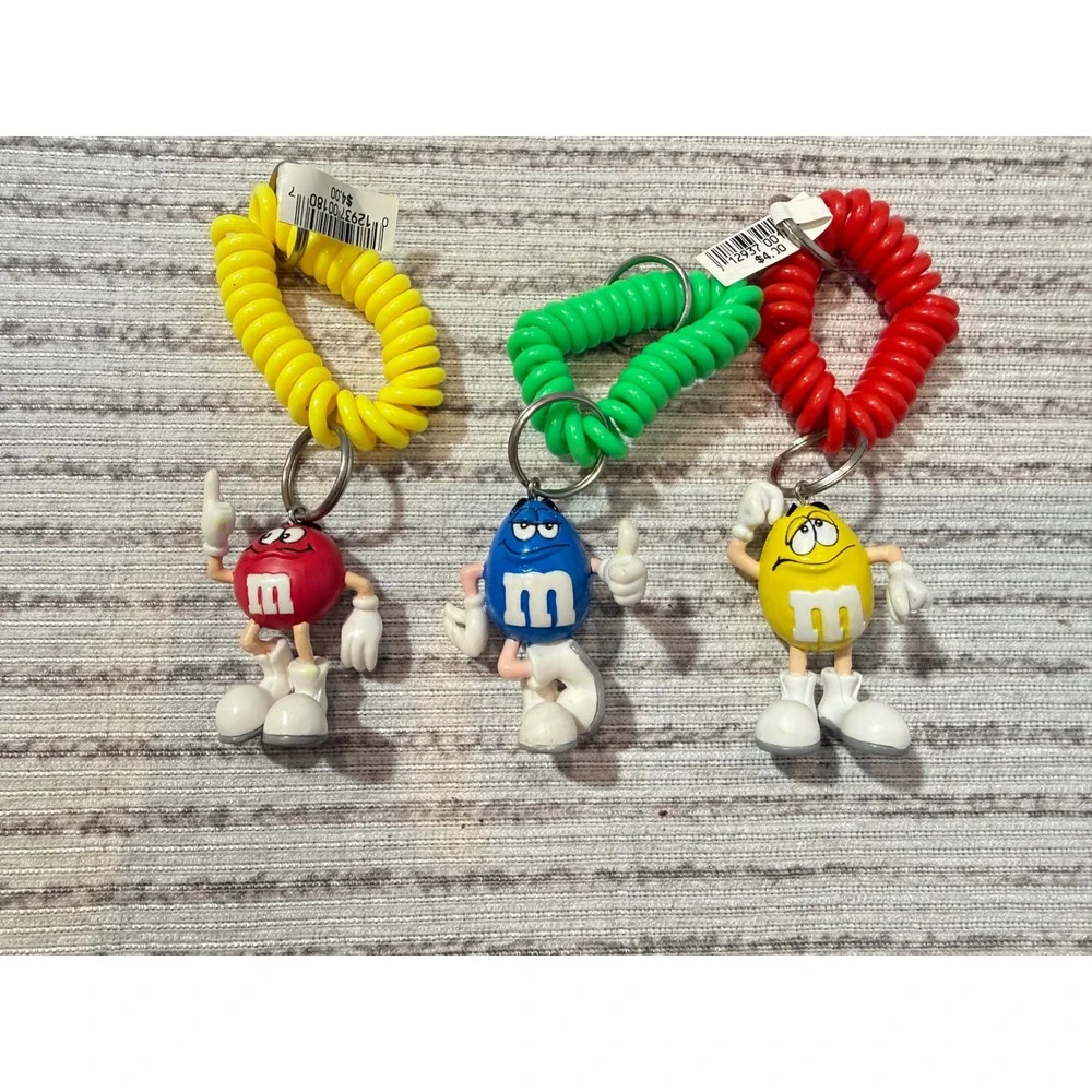 Vintage M&M's Character Keychain Set Red Blue Yellow Spiral Wrist Coil 3 Piece